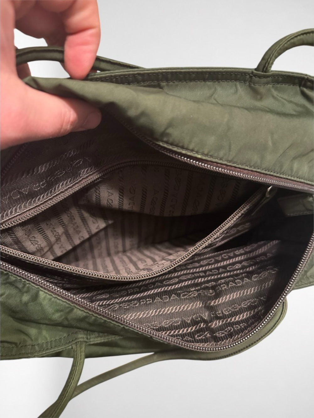 PRADA Authentic Vintage Tessuto Nylon Olive Green Large Tote Shoulder Bag Y2K - Picture 13 of 15